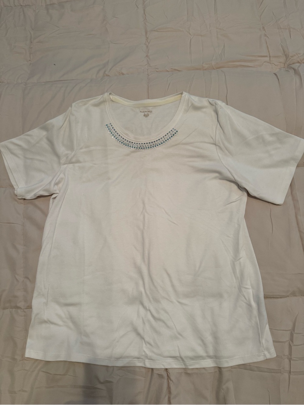 Allison Daley Cream Short-Sleeve Tee with Neckline Beading